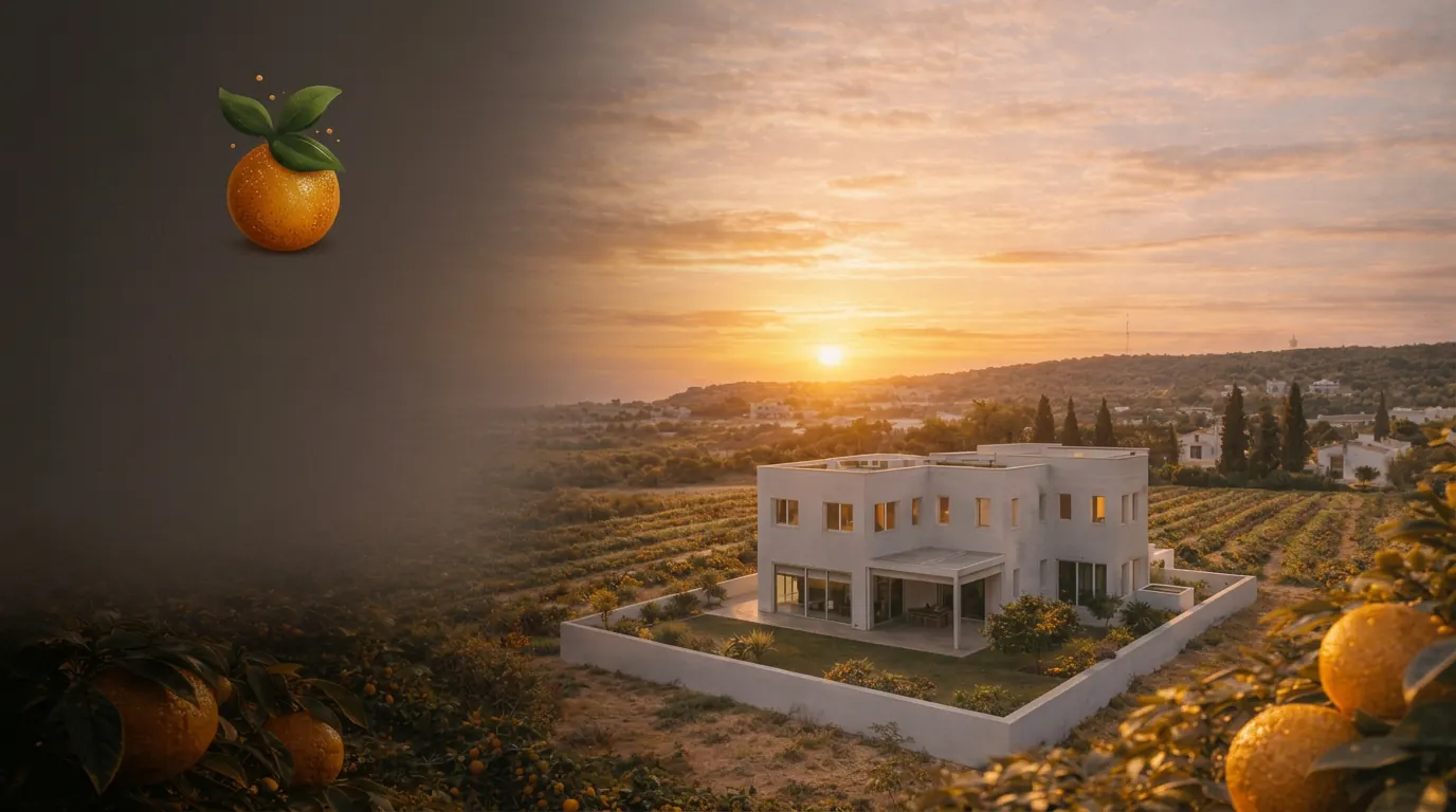 A modern villa overlooking orange groves at sunset in Protaras, Cyprus